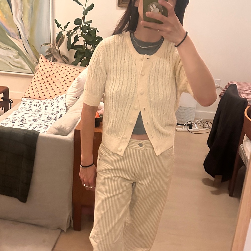 & Other Stories Cream Cable-Knit Short Sleeve Cardigan